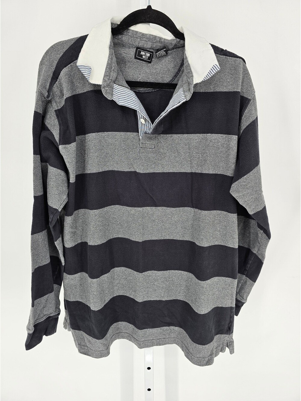 Junction West Mens Sz XXL Long Sleeve Polo Shirt Gray Black Striped